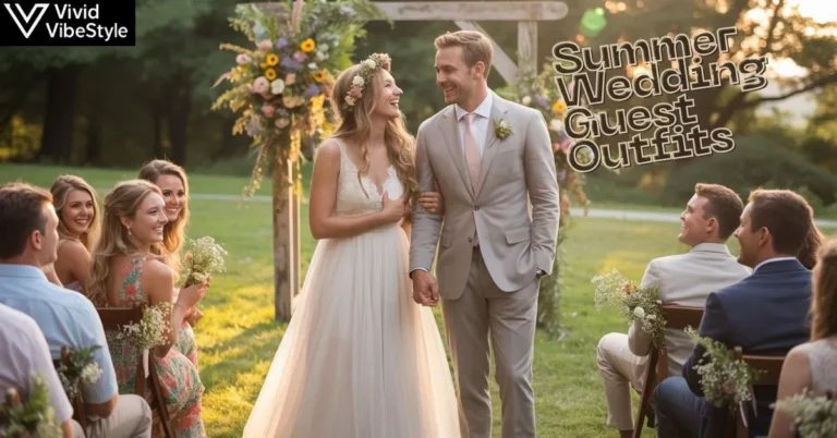 Stylish guests in summer wedding guest outfits enjoying an outdoor ceremony with floral décor