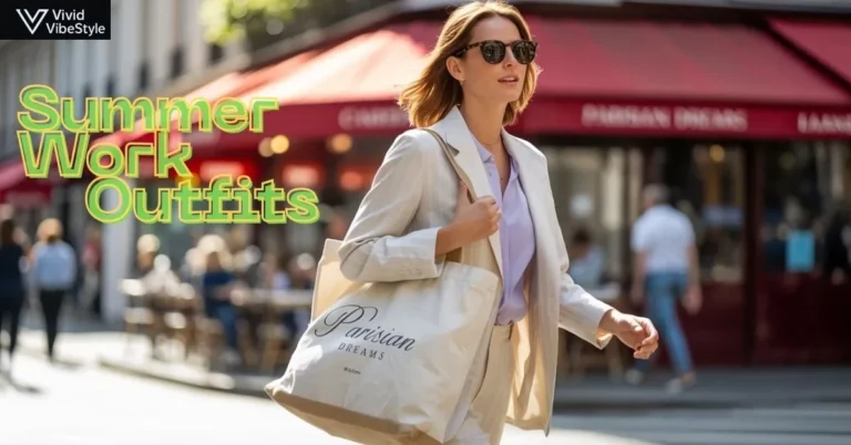 Professional woman in summer work outfit with linen blazer and pastel blouse, styled for cool and confident office wear