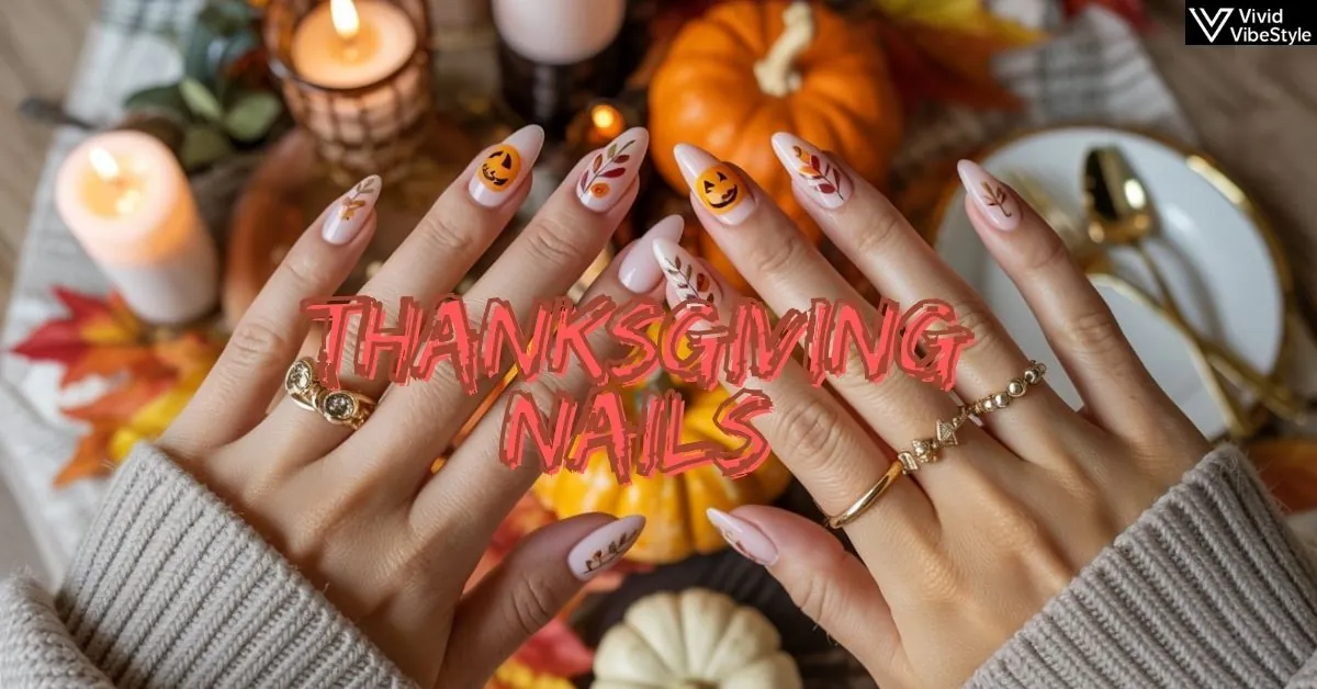 Festive Thanksgiving nails featuring fall leaf nail art, warm burgundy polish, and golden accents styled with a Thanksgiving table setting