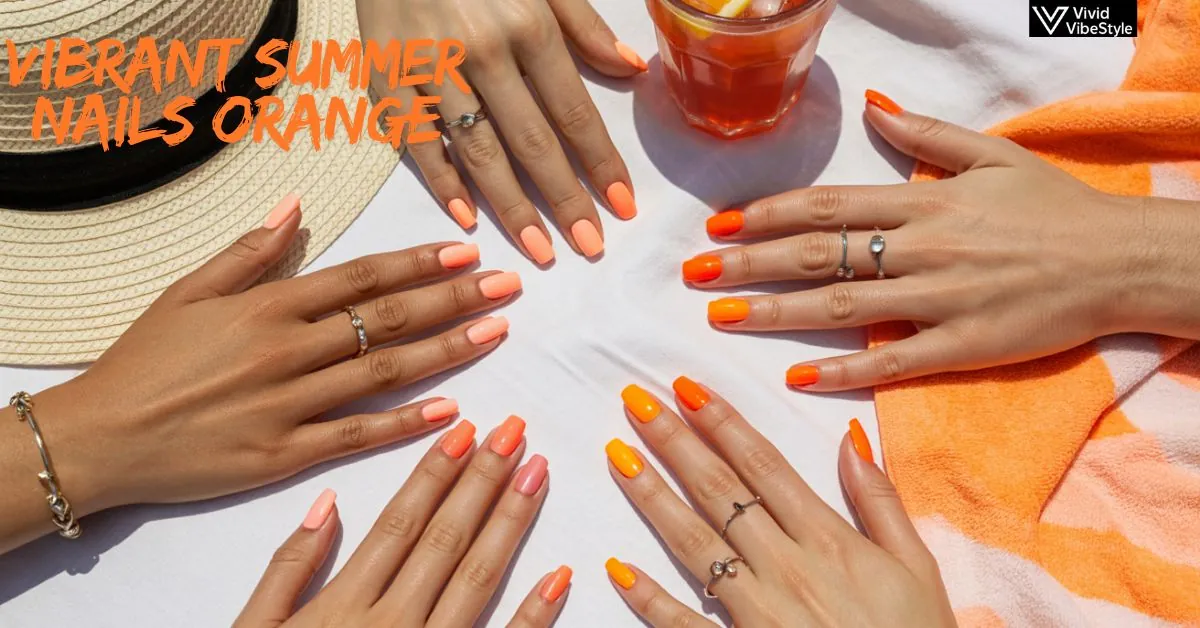Hands with vibrant summer nails orange in coral, peach, and neon shades styled with summer accessories