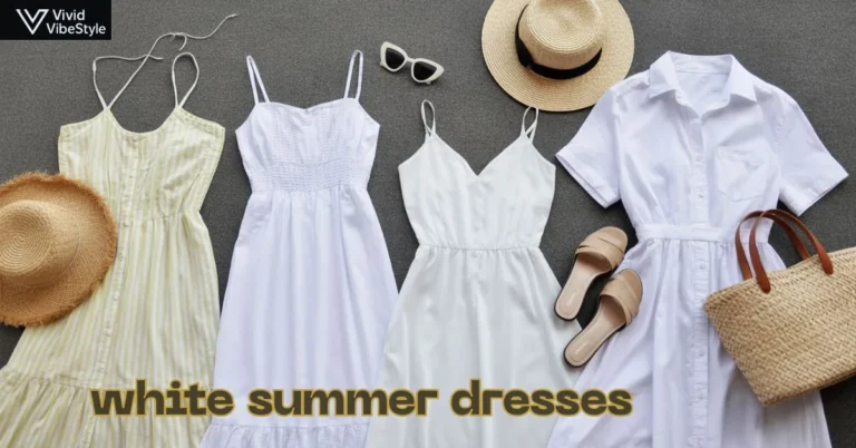 Flat lay of white summer dresses with summer accessories for effortless warm-weather style.