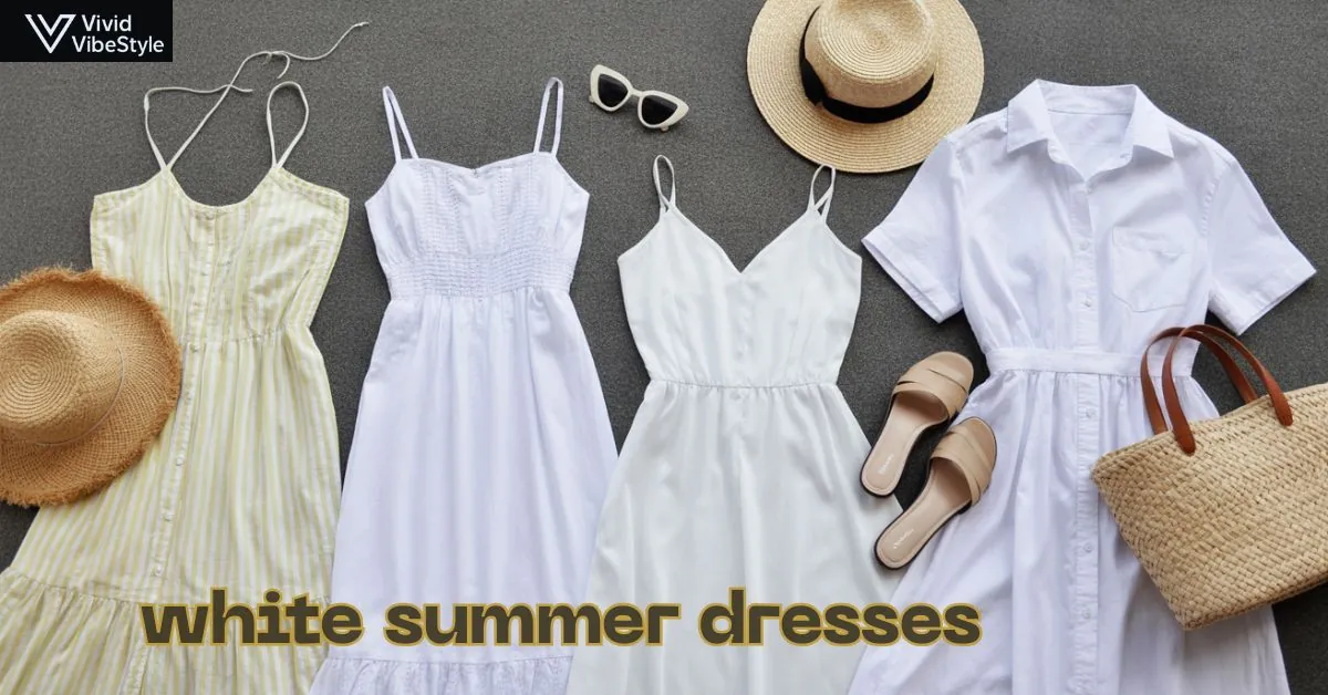 Flat lay of white summer dresses with summer accessories for effortless warm-weather style.