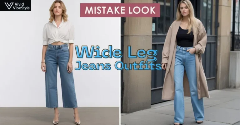 Wide leg jeans outfits guide showing best styling tips versus common mistakes, including high-waisted denim with tucked blouse and poorly styled oversized look