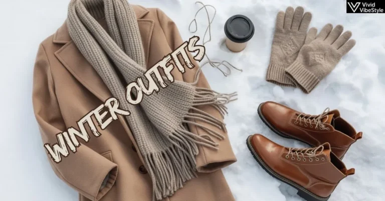 Flat lay of chic winter outfits featuring a wool coat, knit scarf, boots, and gloves styled for cold-weather fashion inspiration