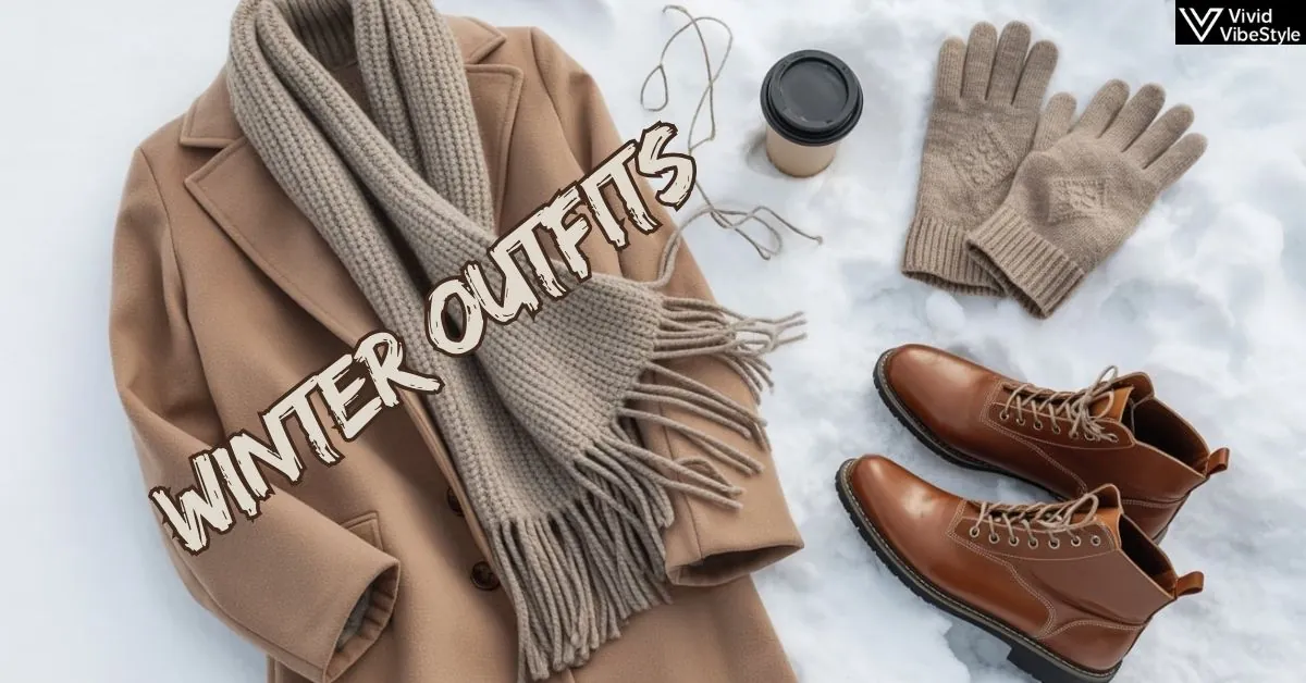 Flat lay of chic winter outfits featuring a wool coat, knit scarf, boots, and gloves styled for cold-weather fashion inspiration