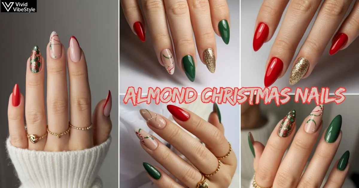 Collage of 50+ festive almond Christmas nails designs for 2025