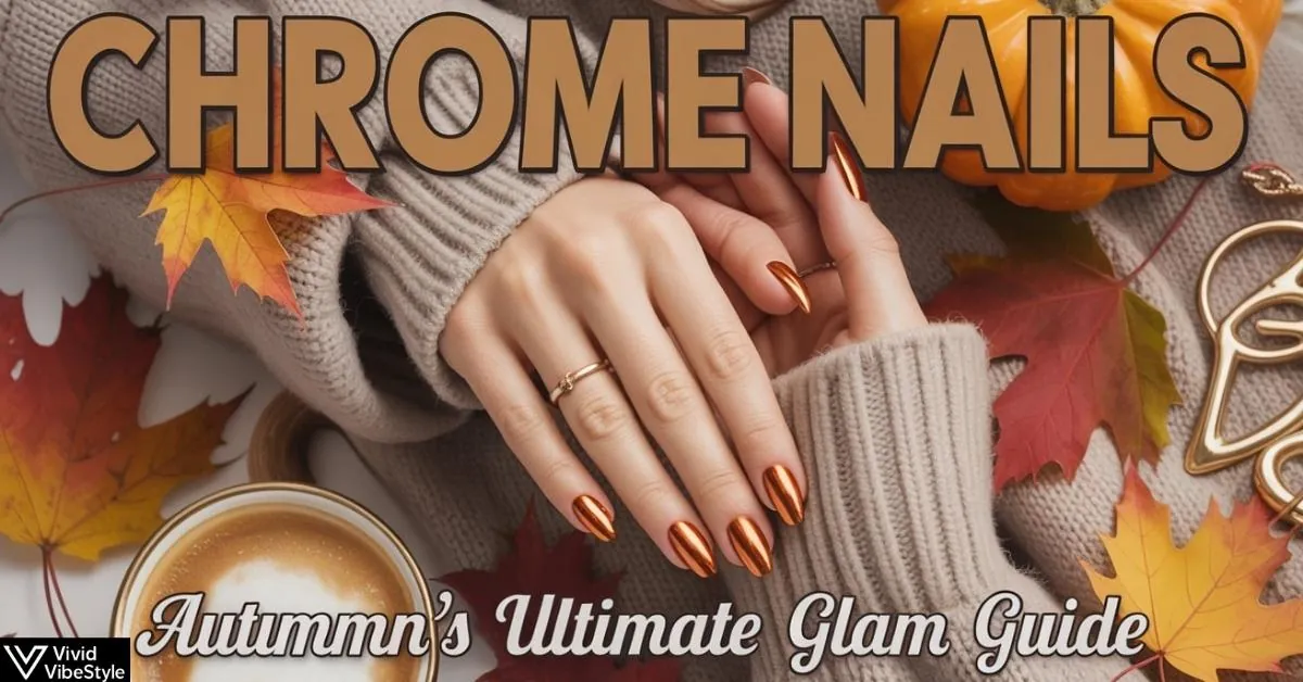 Ultimate guide to glamorous chrome fall nails for 2025, featuring copper metallic polish amidst autumn decor