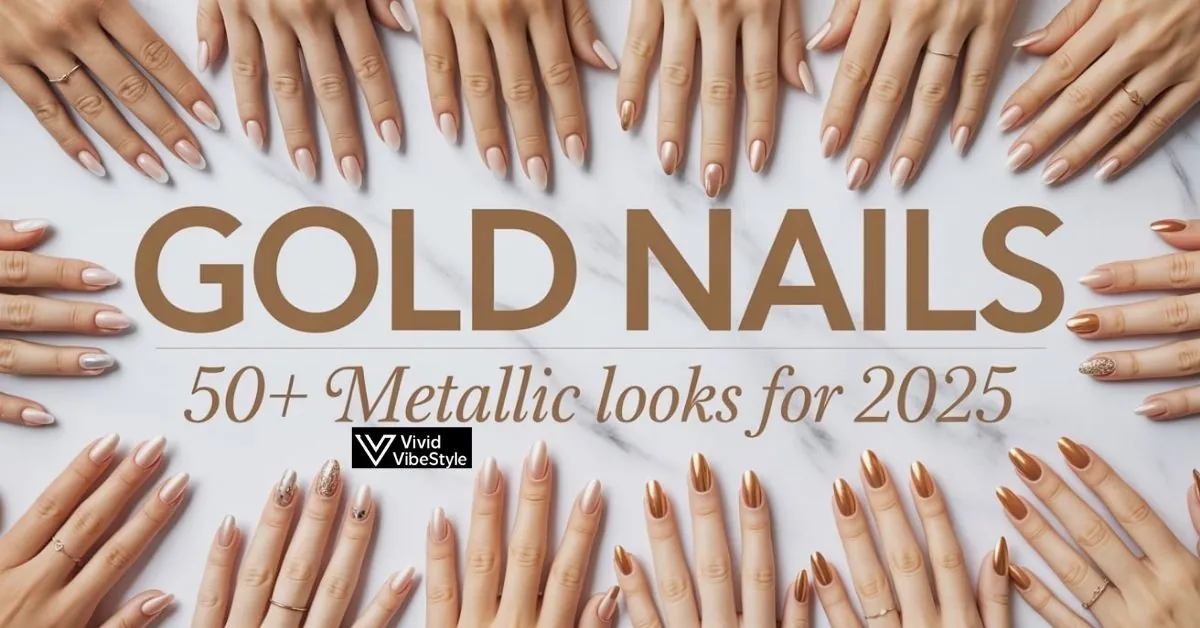 Collection of over 50 beautiful Gold Nails 2025 designs in a stylish flat lay composition